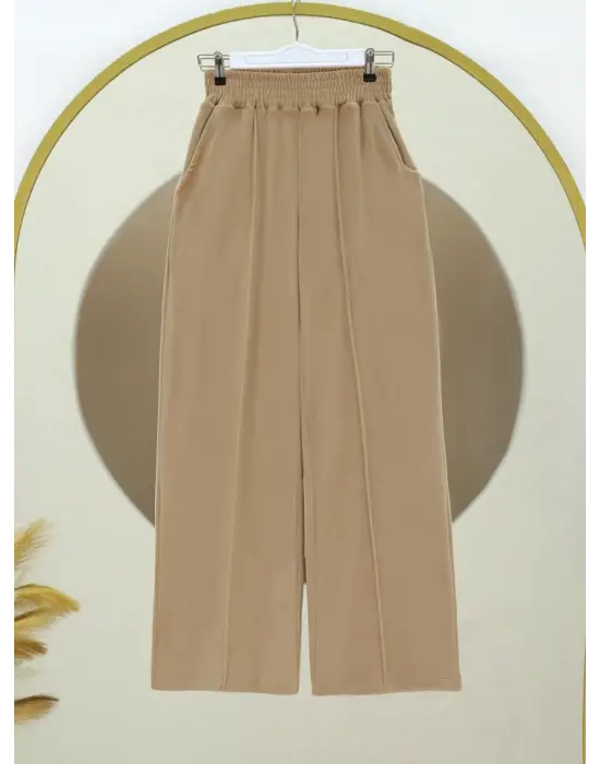 Çımalı Beli Lastikli Kadife Pantolon -Vizon