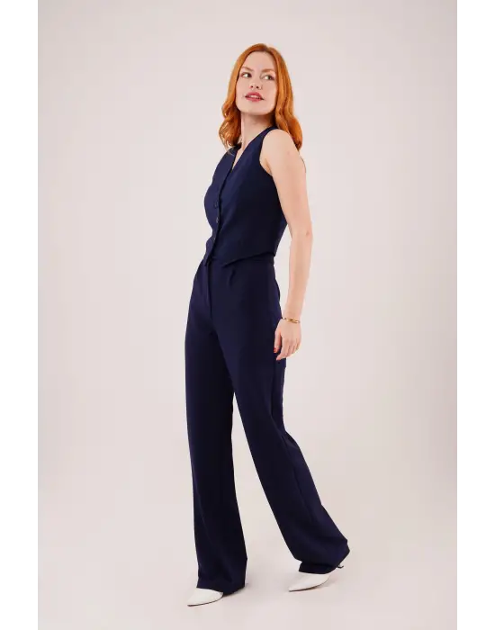 Cırt Kapama Detaylı Lacivert Pantolon