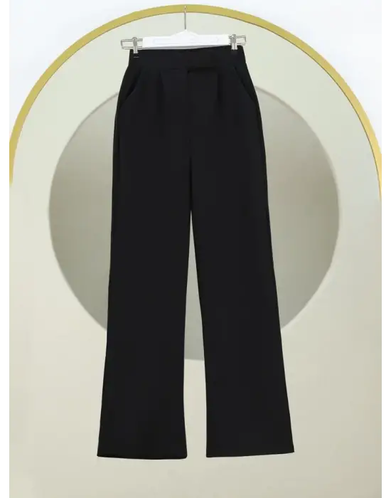 Omarı Yüksek Bel Cırtlı Fermuarlı Siyah Palazzo Pantolon