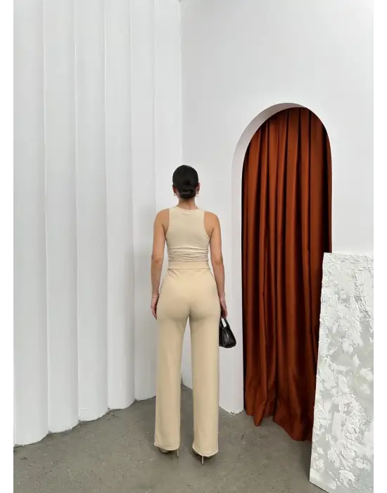 Cırtlı pantolon krep bej pt