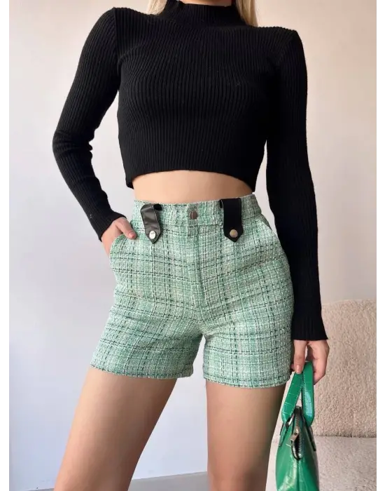 Çıtçıtlı siyah köprü tüvit şort yeşil