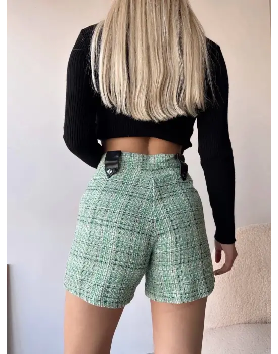 Çıtçıtlı siyah köprü tüvit şort yeşil