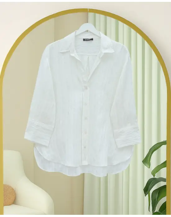 Çizgi Desen Oval Kesim Krinkıl Gömlek -Beyaz