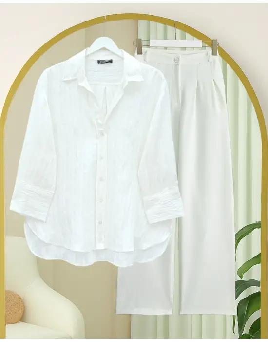 Çizgi Desen Oval Kesim Krinkıl Gömlek -Beyaz