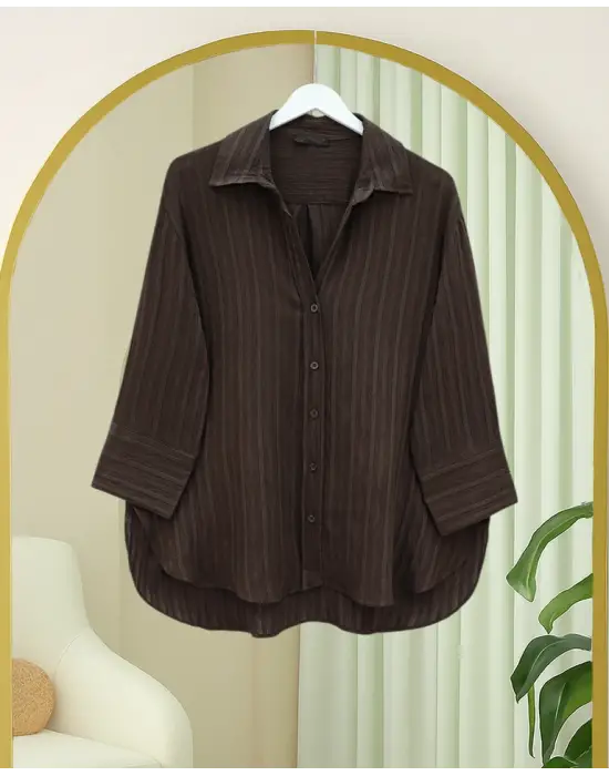 Çizgi Desen Oval Kesim Krinkıl Gömlek -Kahve