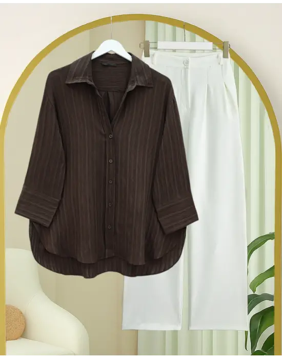 Çizgi Desen Oval Kesim Krinkıl Gömlek -Kahve