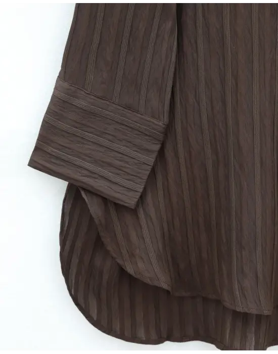 Çizgi Desen Oval Kesim Krinkıl Gömlek -Kahve