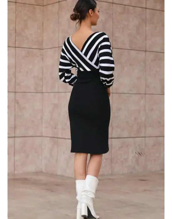 Omarı Çizgi Desenli Kruvaze Yaka Triko Elbise