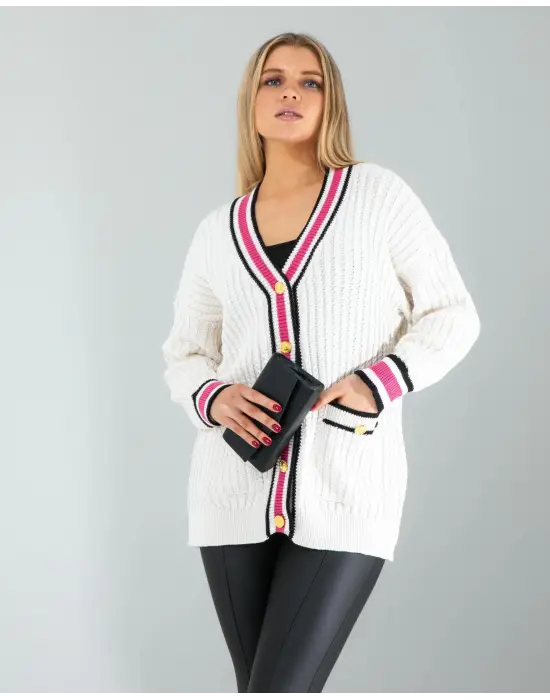 Omarı Çizgi Desenli Triko Hırka