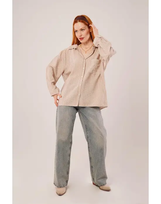 Çizgi Detaylı Cepli Camel Gömlek