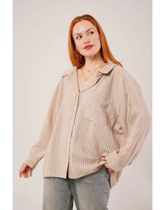 Çizgi Detaylı Cepli Camel Gömlek
