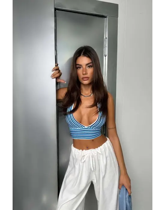 Omarı Çizgili Bağlamalı Crop Top