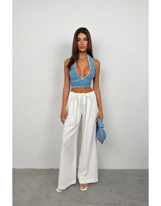 Omarı Çizgili Bağlamalı Crop Top