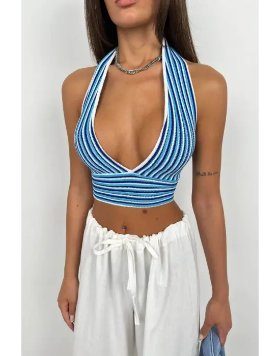 Omarı Çizgili Bağlamalı Crop Top