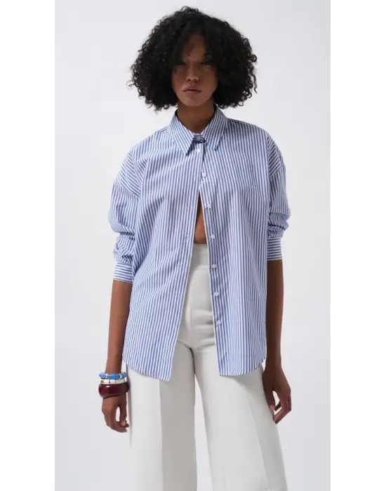 Omarı Yumuşak Dokulu Çizgili Basic Gömlek