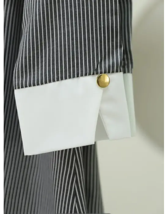 Çizgili Beli Bağcıklı Düğmeli Gömlek -Siyah