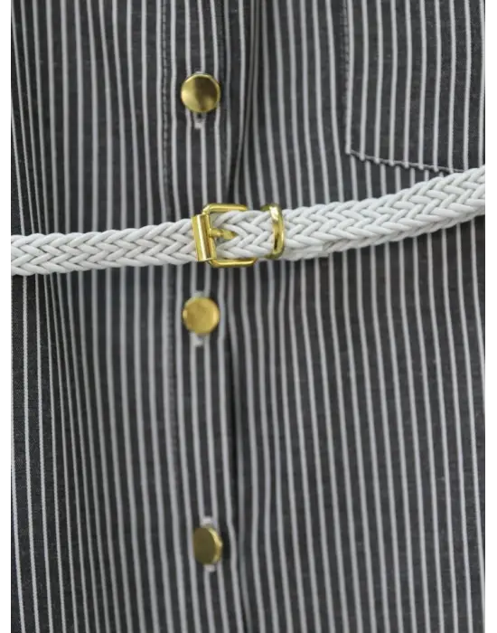 Çizgili Beli Bağcıklı Düğmeli Gömlek -Siyah