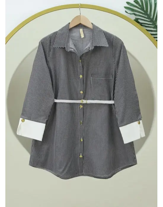 Omarı Çizgili Beli Bağcıklı Düğmeli Gömlek -Siyah