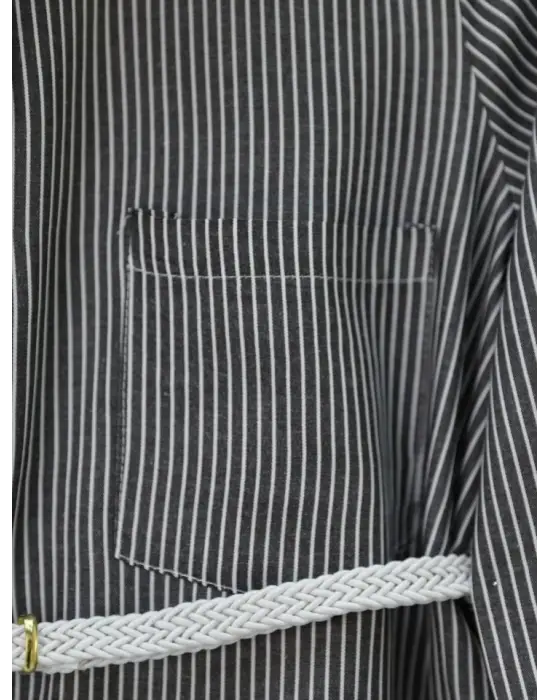 Omarı Çizgili Beli Bağcıklı Düğmeli Gömlek -Siyah