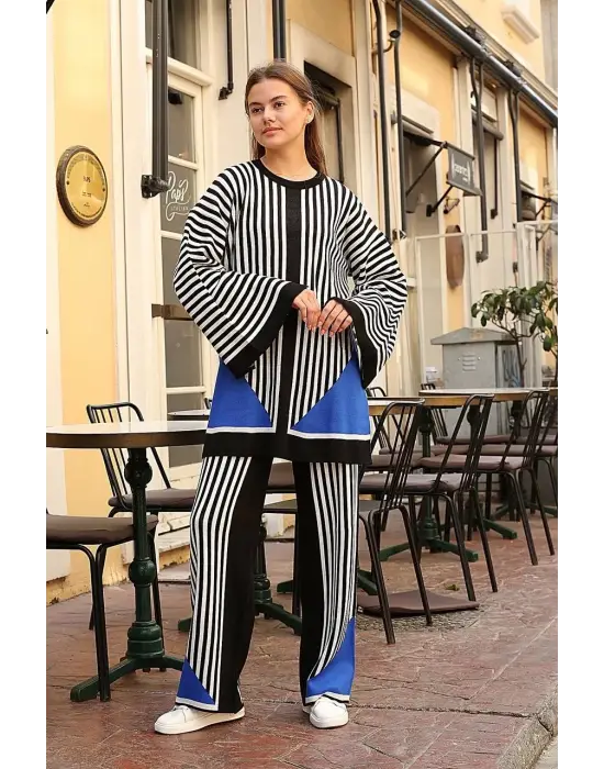 Çizgili bisiklet yaka triko takım siyah