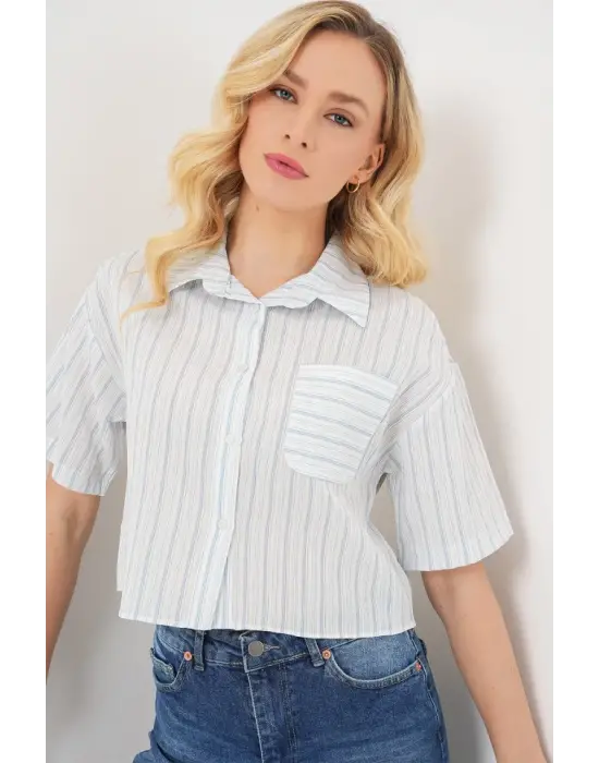 Çizgili Crop Gömlek 20342 - Açık Mavi