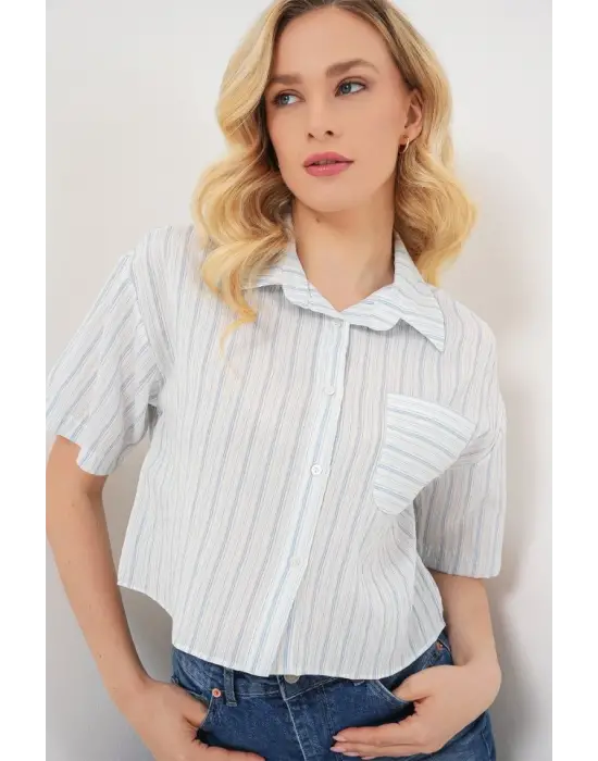 Çizgili Crop Gömlek 20342 - Açık Mavi