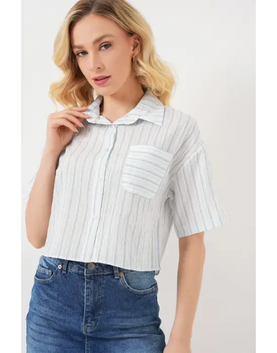 Çizgili Crop Gömlek 20342 - Açık Mavi