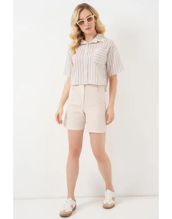 Çizgili Crop Gömlek 20342 - Bej