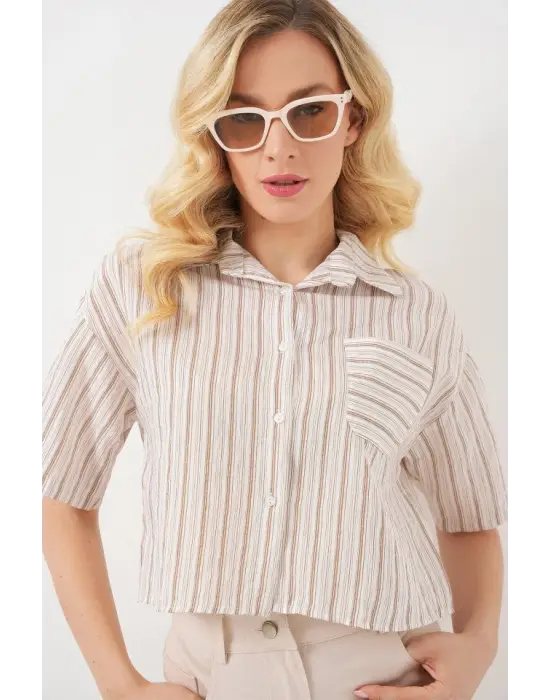 Çizgili Crop Gömlek 20342 - Bej