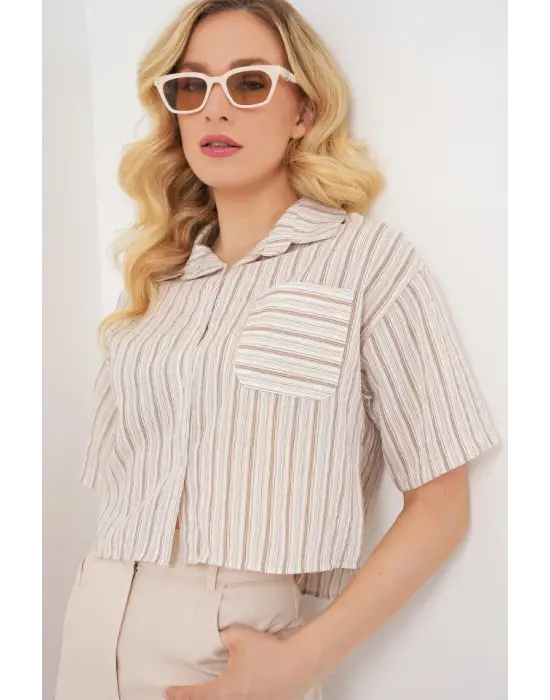 Çizgili Crop Gömlek 20342 - Bej