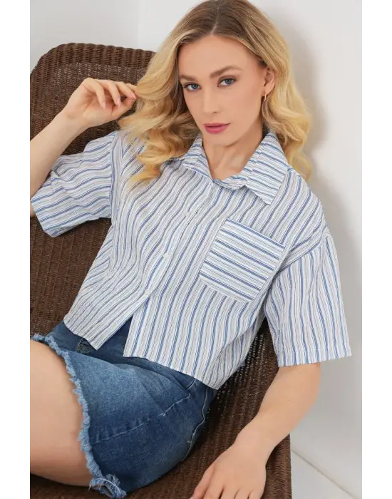 Çizgili Crop Gömlek 20342 - Mavi