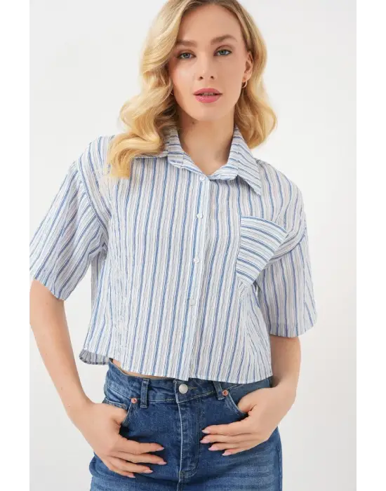 Çizgili Crop Gömlek 20342 - Mavi