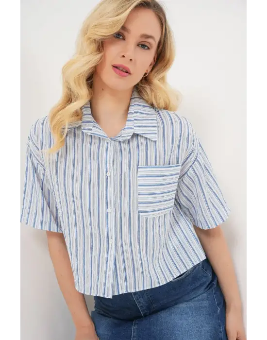 Çizgili Crop Gömlek 20342 - Mavi