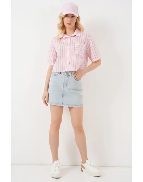 Çizgili Crop Gömlek 20342 - Pudra