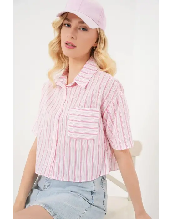 Çizgili Crop Gömlek 20342 - Pudra