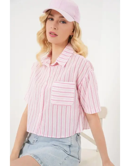 Çizgili Crop Gömlek 20342 - Pudra