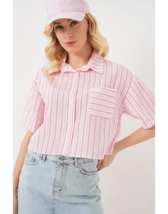 Çizgili Crop Gömlek 20342 - Pudra