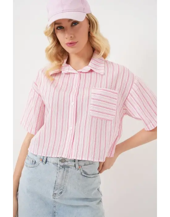 Çizgili Crop Gömlek 20342 - Pudra