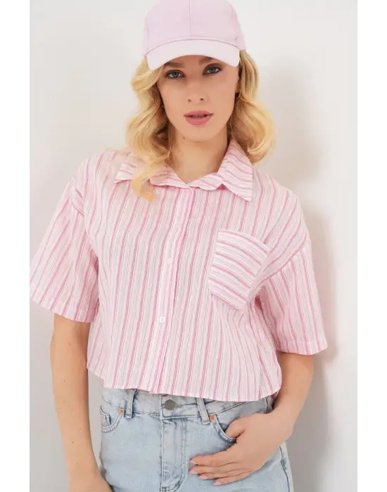 Çizgili Crop Gömlek 20342 - Pudra