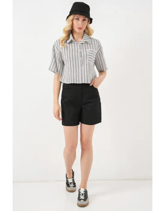 Çizgili Crop Gömlek 20342 - Siyah