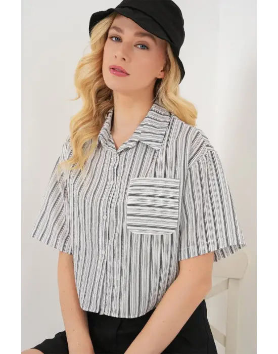 Çizgili Crop Gömlek 20342 - Siyah