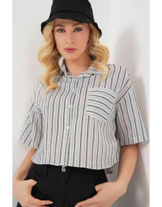 Çizgili Crop Gömlek 20342 - Siyah