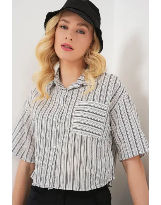 Çizgili Crop Gömlek 20342 - Siyah