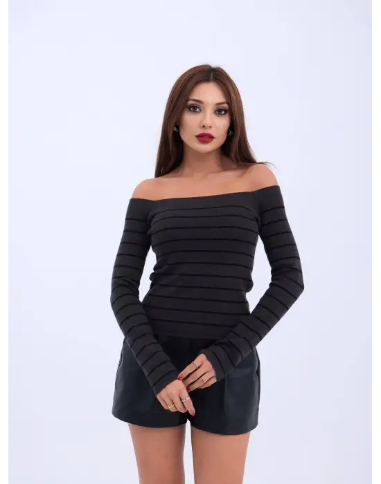 Omarı Şık Çizgili Crop Kazak - Antrasit Siyah