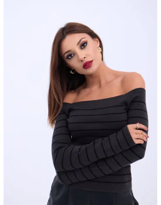 Omarı Şık Çizgili Crop Kazak - Antrasit Siyah