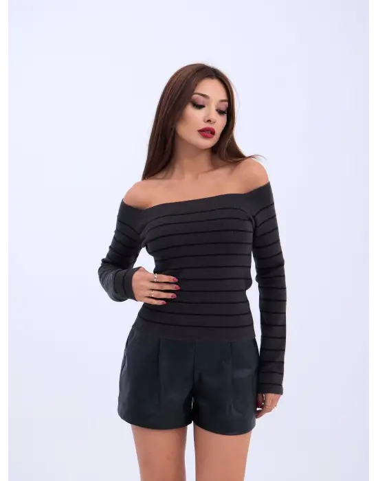 Omarı Şık Çizgili Crop Kazak - Antrasit Siyah