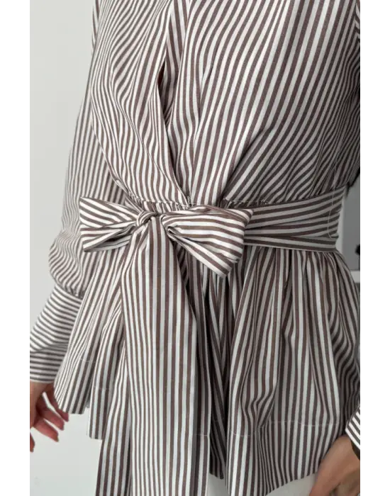 Omarı Çizgili Detaylı Kruvaze Poplin Gömlek - Kahverengi