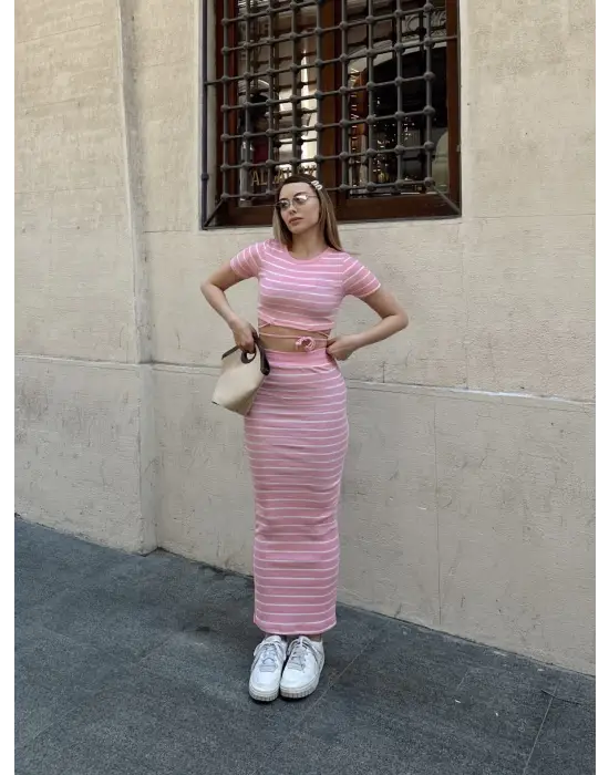 Çizgili etekli takım pembe s3609