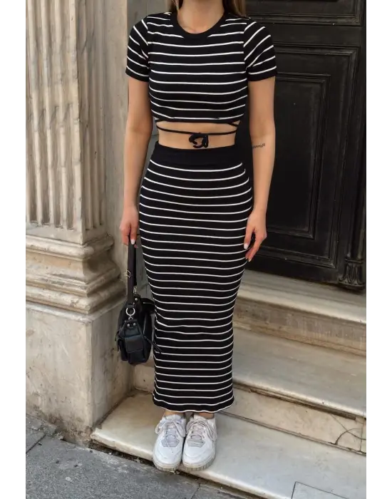 Çizgili etekli takım siyah s3609