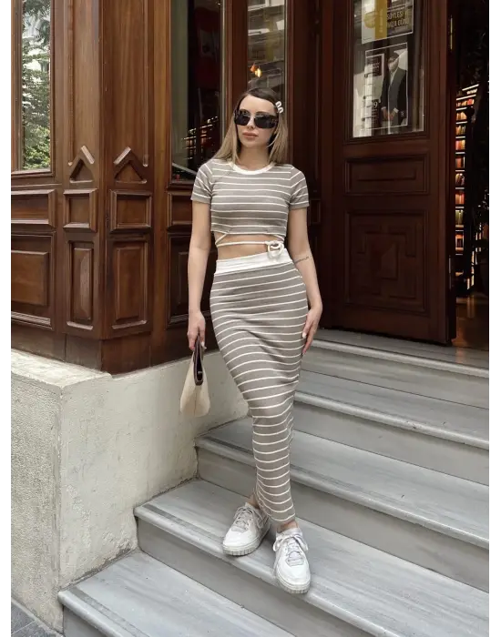 Çizgili etekli takım vizon s3609